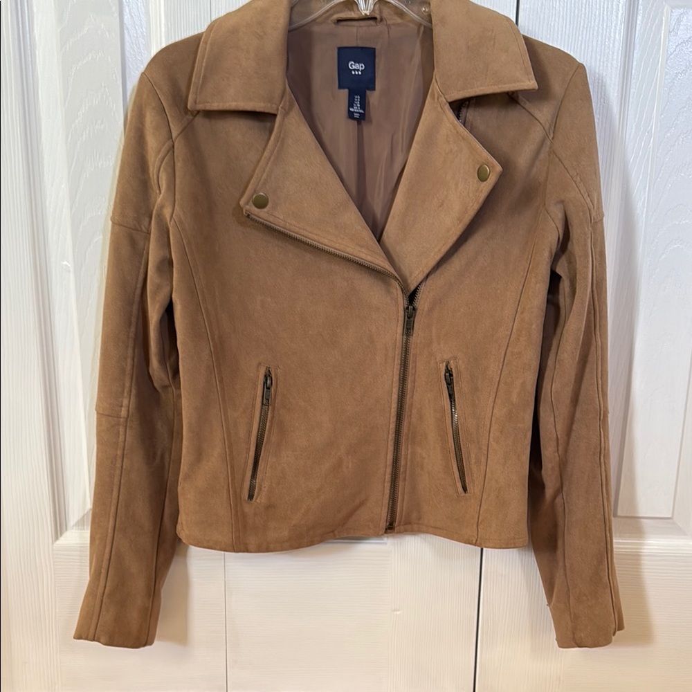 GAP Tan Vegan Suede Moto Jacket Asymmetrical Zipper